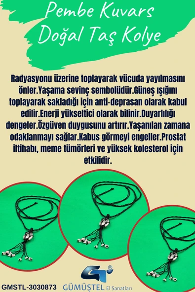 GÜMÜŞTEL EL SANATLARI Sertifikalı Pembe Kuvars Doğal Taş Tasarım Kolye El Yapımı Örgü Model Aaa Kalite