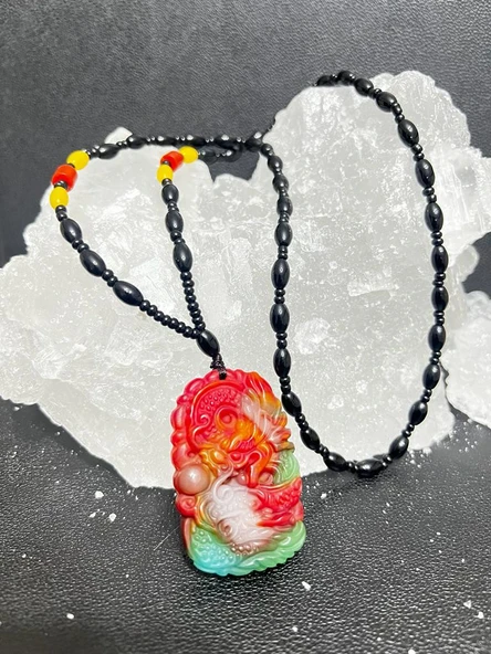 GÜMÜŞTEL EL SANATLARI Sertifikalı Doğal Taş Kehribar Akik Yeşim Tasarım Kolye Ejderha İşleme Detaylı Özel Üretim ürün görseli 1