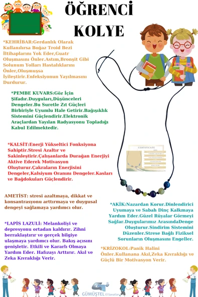 GÜMÜŞTEL EL SANATLARI Sertifikalı Öğrenci Doğal Taş Kolye Krizokol, Pembe Kuvars, Akik, Kehribar, Kalsit, Lapis Kolye