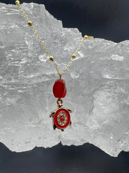 GÜMÜŞTEL EL SANATLARI Sertifikalı Akik Doğal Taş Tasarım Kolye El Yapımı Kırmızı Kaplumbağa Obje Detay AAA Kalite - 2