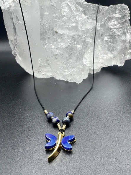 GÜMÜŞTEL EL SANATLARI Sertifikalı Lapis Lazuli & Sedef Doğal Taş Tasarım Kolye Yusufcuk Detaylı AAA Kalite - 3