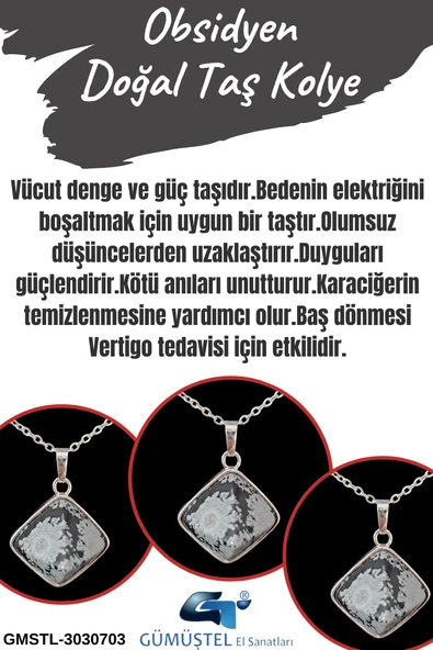GÜMÜŞTEL EL SANATLARI Sertifikalı Obsidyen Doğal Taş Kolye Piramit Özel Kesim Aaa Kalite