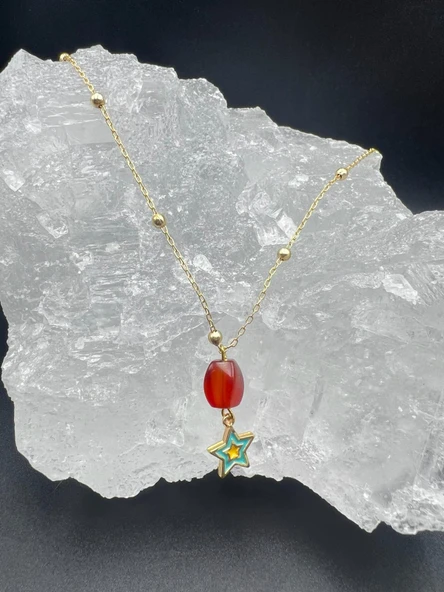 GÜMÜŞTEL EL SANATLARI Sertifikalı Akik Doğal Taş Tasarım Kolye El Yapımı Turkuaz Yıldız Obje Detaylı - Resim 2