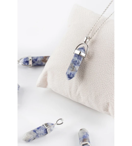 GÜMÜŞTEL EL SANATLARI Sertifikalı Sodalit Doğal Taş Pandül Kesim Kolye - Resim 3