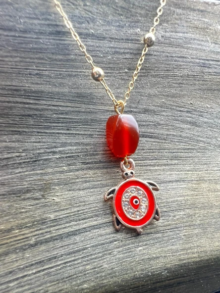 GÜMÜŞTEL EL SANATLARI Sertifikalı Akik Doğal Taş Tasarım Kolye El Yapımı Kırmızı Kaplumbağa Obje Detay AAA Kalite - 3