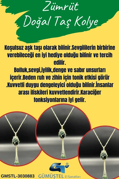 GÜMÜŞTEL EL SANATLARI Sertifikalı Zümrüt Doğal Taş Tasarım Kolye El Yapımı Örgü Model Aaa Kalite