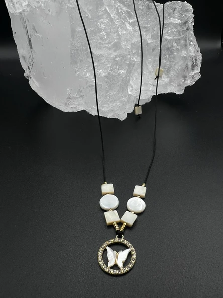 GÜMÜŞTEL EL SANATLARI Sertifikalı Sedef Doğal Taş Tasarım Kolye AAA Kalite - Resim 3