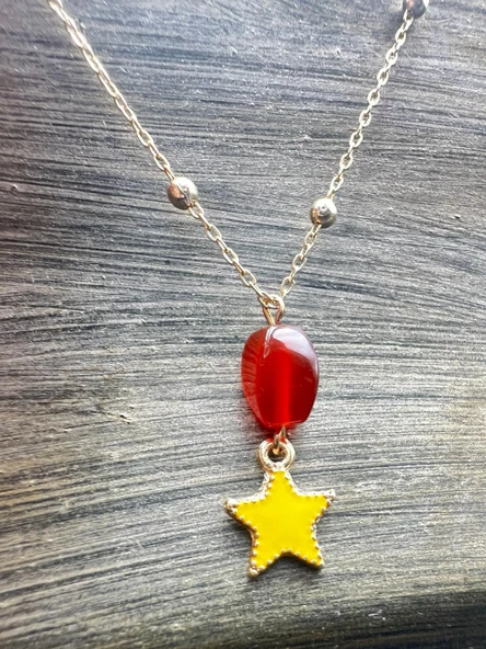 GÜMÜŞTEL EL SANATLARI Sertifikalı Akik Doğal Taş Tasarım Kolye El Yapımı Sarı Yıldız Obje Detaylı - Resim 2