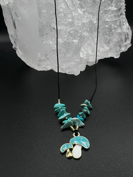 GÜMÜŞTEL EL SANATLARI Sertifikalı Turkuaz Doğal Taş Tasarım Kolye Mantar Obje Detaylı AAA Kalite - Resim 3