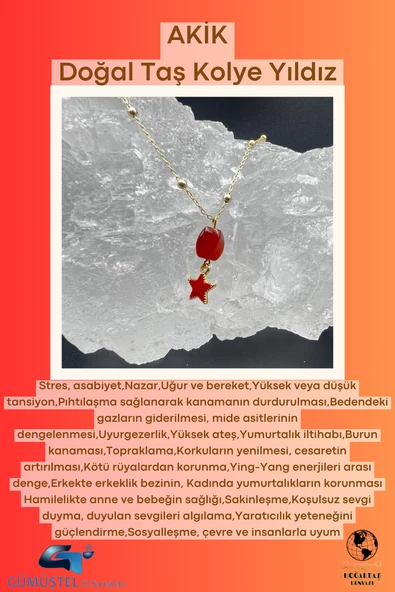 GÜMÜŞTEL EL SANATLARI Sertifikalı Akik Doğal Taş Tasarım Kolye El Yapımı Kırmızı Yıldız Obje Detaylı