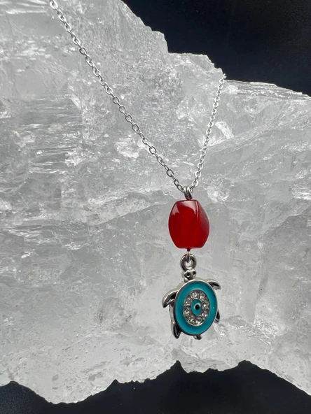 GÜMÜŞTEL EL SANATLARI Sertifikalı Akik Doğal Taş Tasarım Kolye El Yapımı Turkuaz Kaplumbağa Obje Detaylı - 3