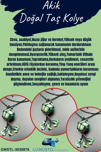 GÜMÜŞTEL EL SANATLARI Sertifikalı Akik Doğal Taş Tasarım Kolye El Yapımı Örgü Model Aaa Kalite ürün görseli 1