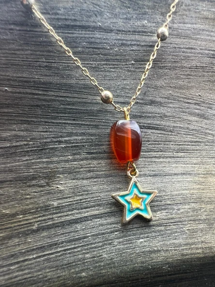 GÜMÜŞTEL EL SANATLARI Sertifikalı Akik Doğal Taş Tasarım Kolye El Yapımı Turkuaz Yıldız Obje Detaylı - Resim 5