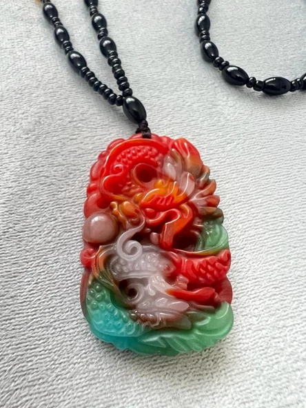 GÜMÜŞTEL EL SANATLARI Sertifikalı Doğal Taş Kehribar Akik Yeşim Tasarım Kolye Ejderha İşleme Detaylı Özel Üretim - Resim 4