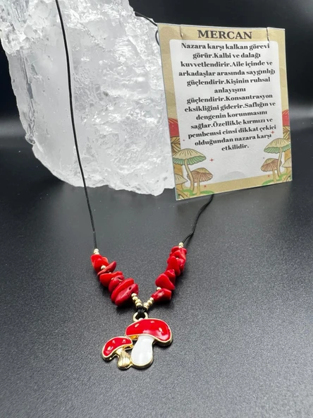 GÜMÜŞTEL EL SANATLARI Sertifikalı Mercan Doğal Taş Tasarım Kolye Mantar Obje Detaylı AAA Kalite