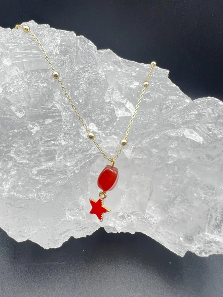 GÜMÜŞTEL EL SANATLARI Sertifikalı Akik Doğal Taş Tasarım Kolye El Yapımı Kırmızı Yıldız Obje Detaylı - 5