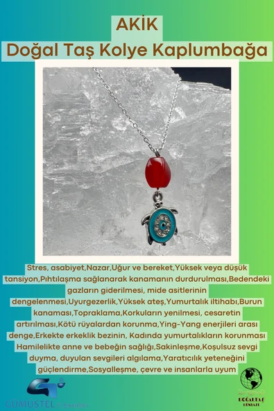 GÜMÜŞTEL EL SANATLARI Sertifikalı Akik Doğal Taş Tasarım Kolye El Yapımı Turkuaz Kaplumbağa Obje Detaylı