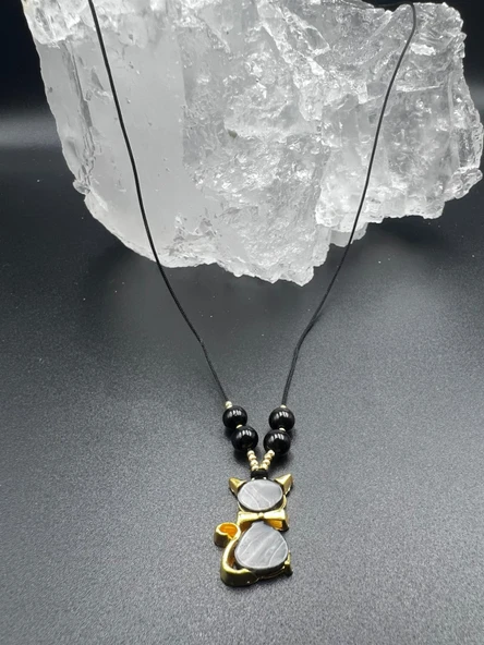 GÜMÜŞTEL EL SANATLARI Sertifikalı Obsidyen & Sedef Doğal Taş Tasarım Kolye Kedi Obje Detaylı AAA Kalite - 3