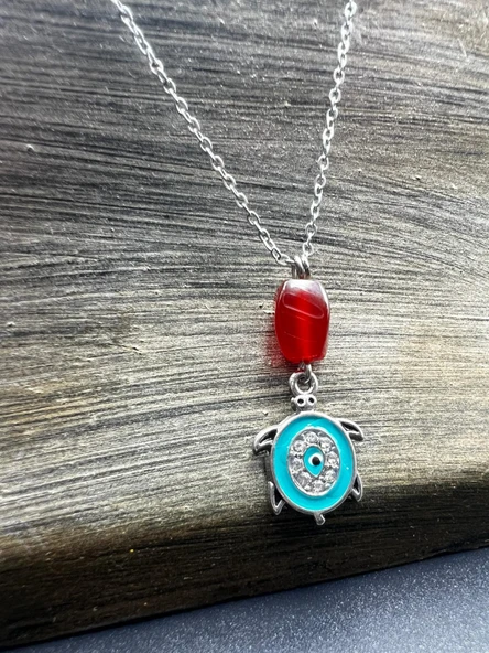 GÜMÜŞTEL EL SANATLARI Sertifikalı Akik Doğal Taş Tasarım Kolye El Yapımı Turkuaz Kaplumbağa Obje Detaylı - 4