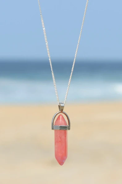 GÜMÜŞTEL EL SANATLARI Sertifikalı Çilek Kuvars Doğal Taş Pandül Kolye Zincir Dahil