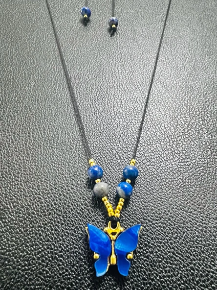 GÜMÜŞTEL EL SANATLARI Sertifikalı Orijinal Lapis Lazuli & Sedef Doğal Taş Kolye Kelebek Detaylı Asansörlü Kilit Sistemi - 3