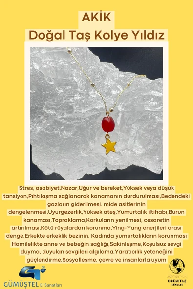 GÜMÜŞTEL EL SANATLARI Sertifikalı Akik Doğal Taş Tasarım Kolye El Yapımı Sarı Yıldız Obje Detaylı ürün görseli 1