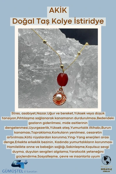 GÜMÜŞTEL EL SANATLARI Sertifikalı Akik Doğal Taş Tasarım Kolye El Yapımı İstiridye Obje Detaylı ürün görseli 1