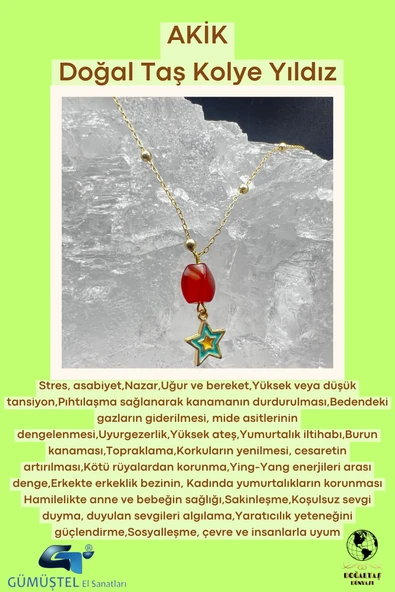 GÜMÜŞTEL EL SANATLARI Sertifikalı Akik Doğal Taş Tasarım Kolye El Yapımı Turkuaz Yıldız Obje Detaylı ürün görseli 1