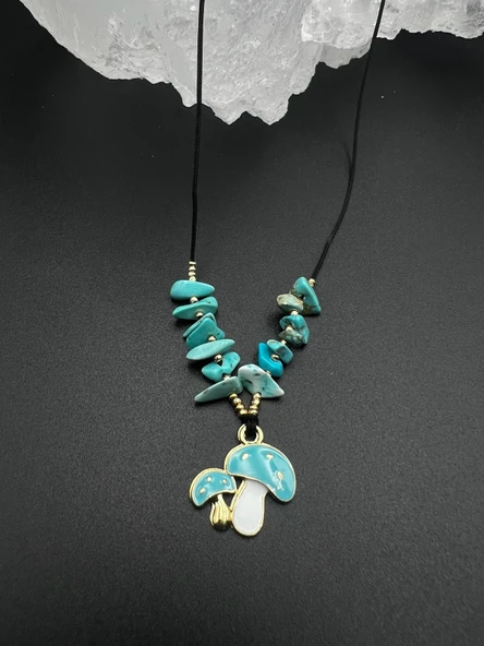 GÜMÜŞTEL EL SANATLARI Sertifikalı Turkuaz Doğal Taş Tasarım Kolye Mantar Obje Detaylı AAA Kalite - Resim 2