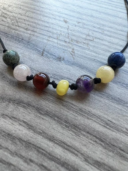 GÜMÜŞTEL EL SANATLARI Sertifikalı Öğrenci Doğal Taş Kolye Krizokol, Pembe Kuvars, Akik, Kehribar, Kalsit, Lapis Kolye - 2