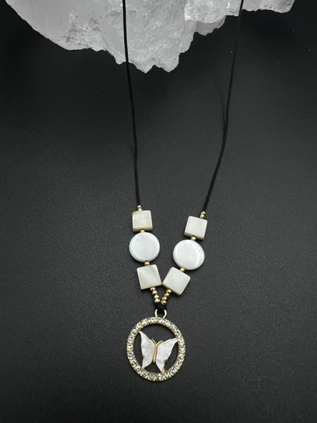 GÜMÜŞTEL EL SANATLARI Sertifikalı Sedef Doğal Taş Tasarım Kolye AAA Kalite - Resim 2