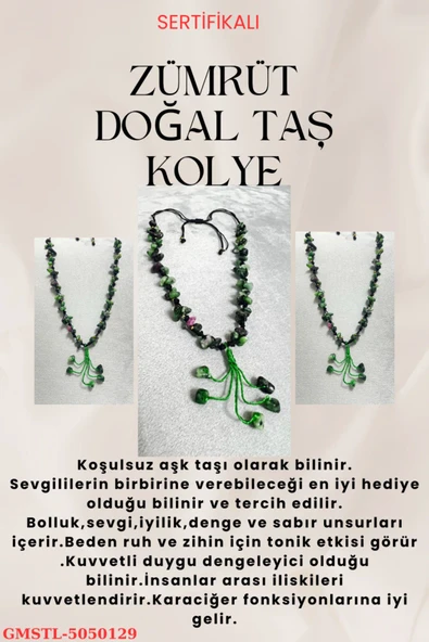 GÜMÜŞTEL EL SANATLARI Sertifikalı Zümrüt Doğal Taş El Yapımı Tasarım Kolye - 3
