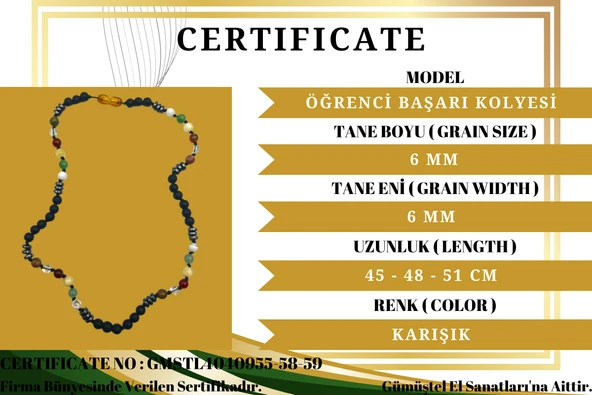 GÜMÜŞTEL EL SANATLARI Sertifikalı Öğrenci Başarı Kolyesi Oniks,Hematit,Unakit, Kristal Kuvars,Akik,Kalsit,Aventurin,Havlit - 3