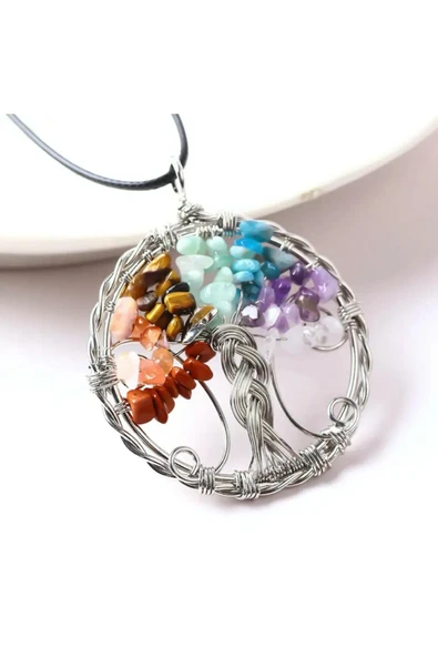 GÜMÜŞTEL EL SANATLARI Sertifikalı Doğal Taş 7 Çakra Hayat Ağacı Tasarım Kolye Sürpriz Hediyeli 5x5 Cm - 2