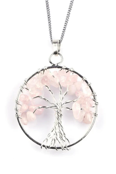 GÜMÜŞTEL EL SANATLARI Sertifikalı Doğal Taş Pembe Kuvars Hayat Ağacı Tasarım Kolye Sürpriz Hediyeli 5x5 Cm - Resim 2