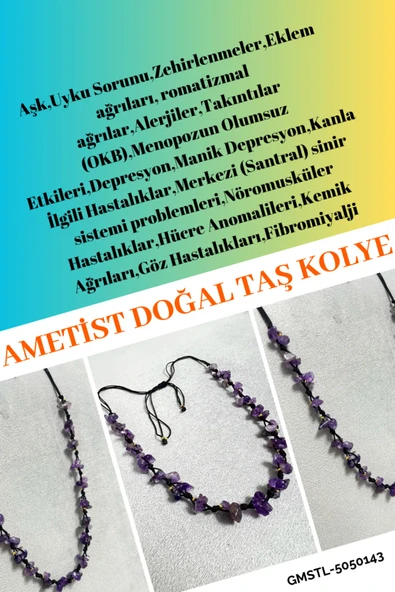 GÜMÜŞTEL EL SANATLARI Sertifikalı Ametist Doğal Taş Tasarım Kolye