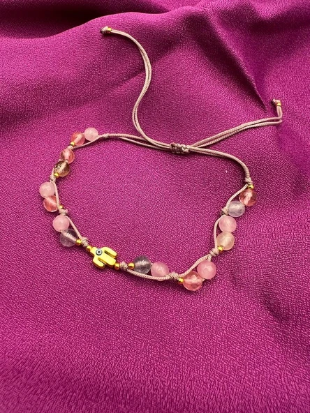 GÜMÜŞTEL EL SANATLARI Sertifikalı Pembe Kuvars Doğal Taş Tasarım Bileklik El Yapımı Asansörlü Kilit Sistemi