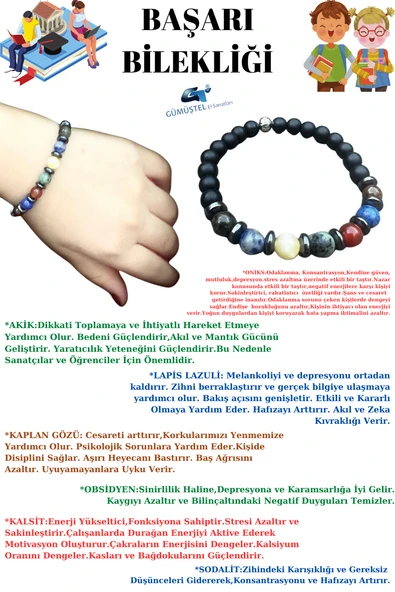 GÜMÜŞTEL EL SANATLARI Sertifikalı Öğrenci Başarı Bilekliği Doğal Taş Özel Kodlama Sürpriz Hediyeli Doğal Taş