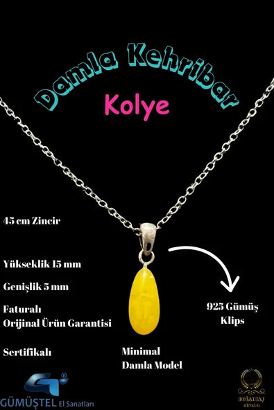 GÜMÜŞTEL EL SANATLARI Sertifikalı Orijinal Damla Kehribar Minimal Kolye AAA Kalite Sürpriz Hediyeli 15mmx5mm