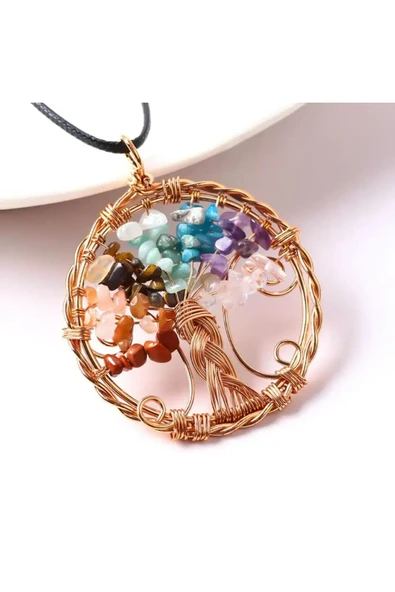 GÜMÜŞTEL EL SANATLARI Sertifikalı Doğal Taş 7 Çakra Hayat Ağacı Tasarım Kolye Sürpriz Hediyeli 5x5 Cm - 2