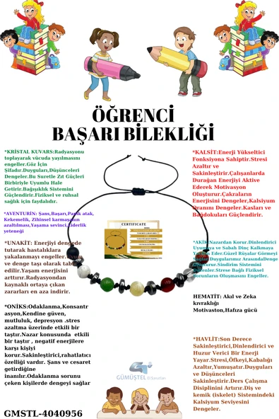 GÜMÜŞTEL EL SANATLARI Sertifikalı Öğrenci Başarı Bileklik Oniks,Hematit,Unakit,Kristal Kuvars,Akik,Kalsit,Aventurin,Havlit ürün görseli 1