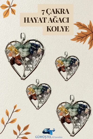 GÜMÜŞTEL EL SANATLARI Sertifikalı Doğal Taş 7 Çakra Kalp Tasarım Kolye ürün görseli 1