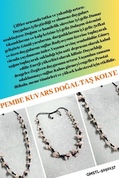 GÜMÜŞTEL EL SANATLARI Sertifikalı Pembe Kuvars Doğal Taş Tasarım Kolye - 1