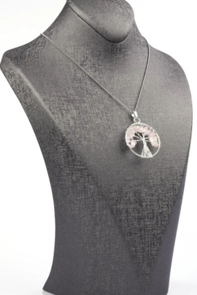 GÜMÜŞTEL EL SANATLARI Sertifikalı Doğal Taş Pembe Kuvars Hayat Ağacı Tasarım Kolye Sürpriz Hediyeli 5x5 Cm - Resim 3