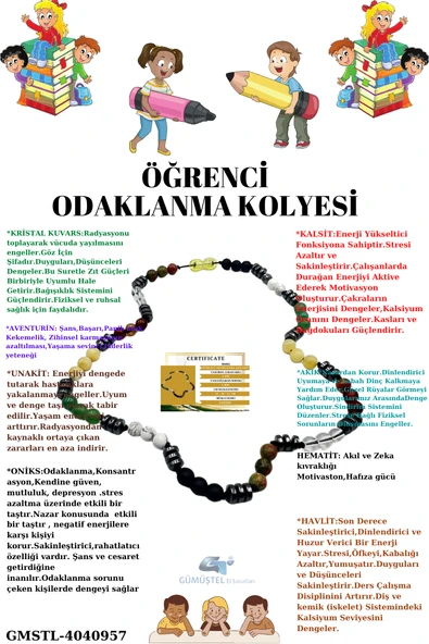 GÜMÜŞTEL EL SANATLARI Sertifikalı Öğrenci Odaklanma Kolyesi Oniks,Hematit,Unakit,Kuvars,Akik,Kalsit,Aventurin,Havlit ürün görseli 1
