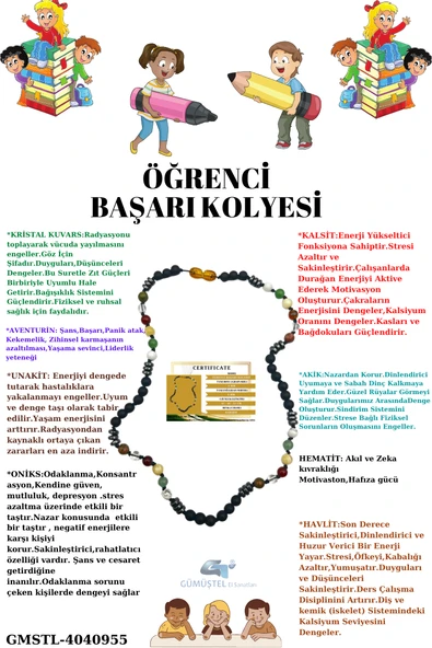 GÜMÜŞTEL EL SANATLARI Sertifikalı Öğrenci Başarı Kolyesi Oniks,Hematit,Unakit, Kristal Kuvars,Akik,Kalsit,Aventurin,Havlit - 1
