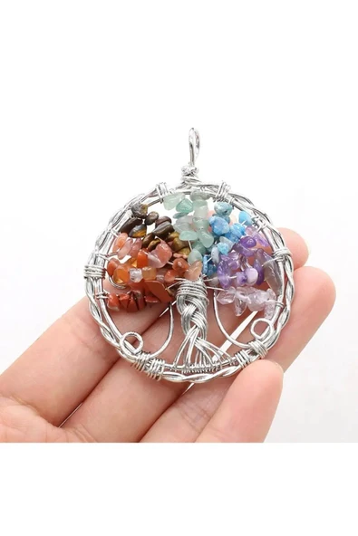 GÜMÜŞTEL EL SANATLARI Sertifikalı Doğal Taş 7 Çakra Hayat Ağacı Tasarım Kolye Sürpriz Hediyeli 5x5 Cm - 3