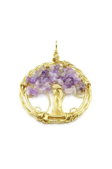 GÜMÜŞTEL EL SANATLARI Sertifikalı Doğal Taş Ametist Hayat Ağacı Tasarım Kolye Sürpriz Hediyeli 5x5 Cm - Resim 2