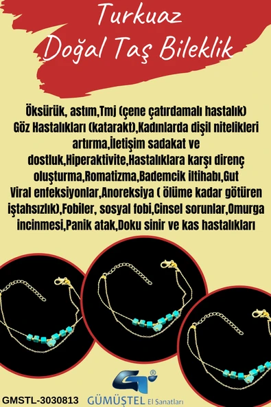GÜMÜŞTEL EL SANATLARI Sertifikalı Doğal Taş Turkuaz Taşı Bileklik Aaa Kalite El Yapımı - Resim 2