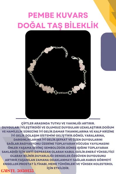 GÜMÜŞTEL EL SANATLARI Sertifikalı Pembe Kuvars Doğal Taş El Yapımı Tasarım Bileklik